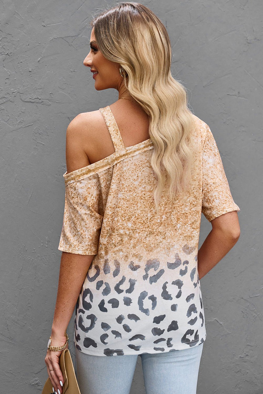 Leopard Asymmetrical Neck Cold-Shoulder Blouse - Carbone's Marketplace