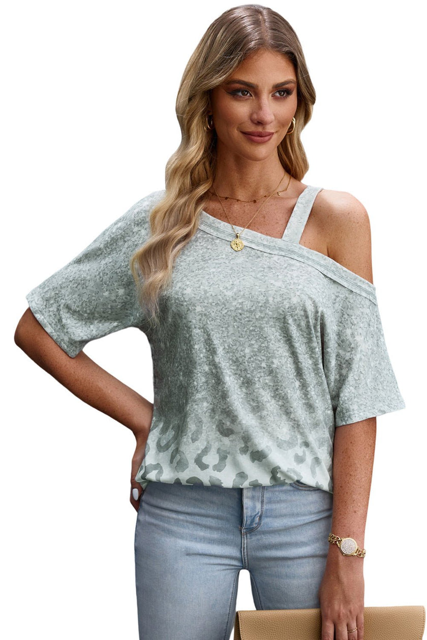 Leopard Asymmetrical Neck Cold-Shoulder Blouse - Carbone's Marketplace