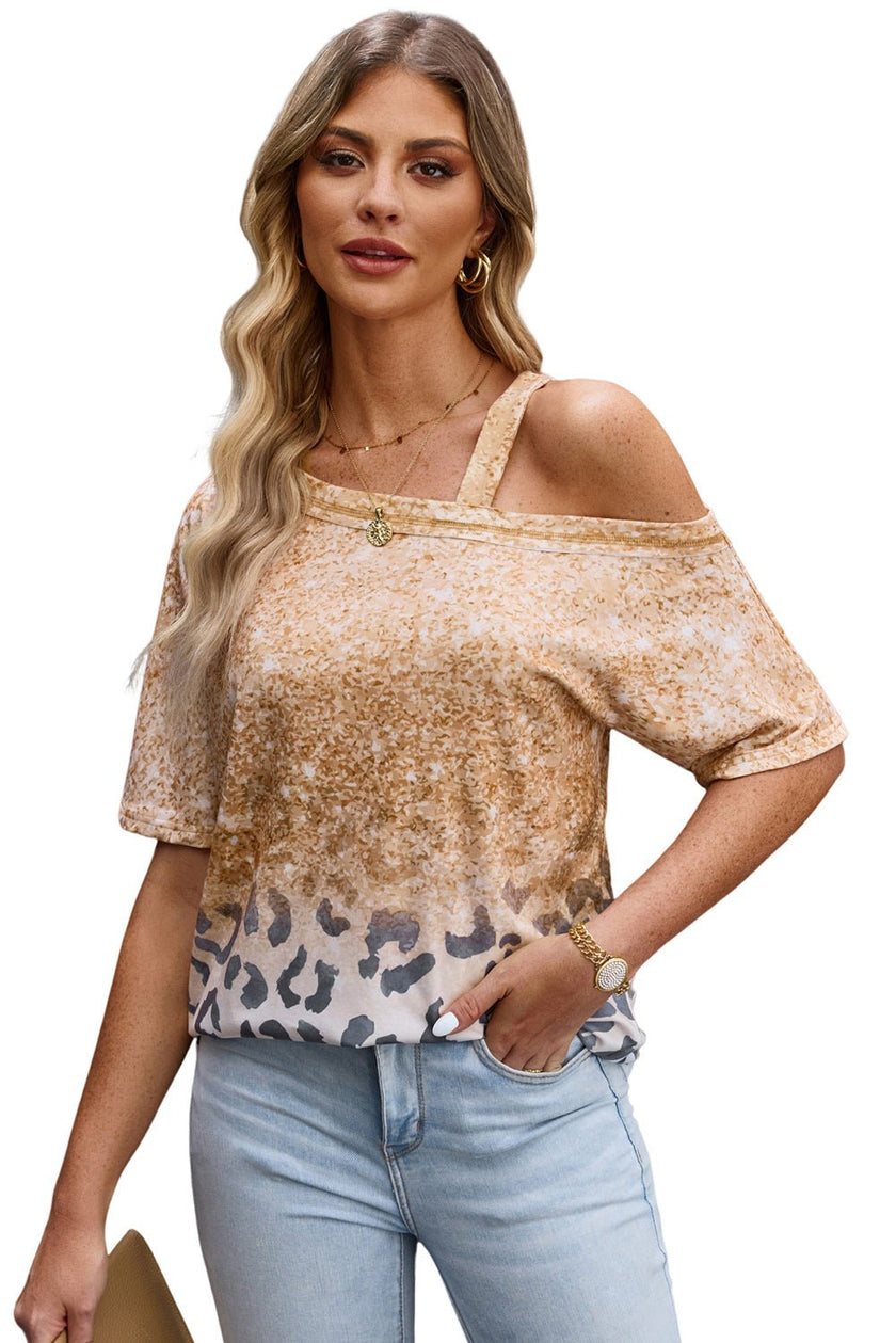 Leopard Asymmetrical Neck Cold-Shoulder Blouse - Carbone's Marketplace
