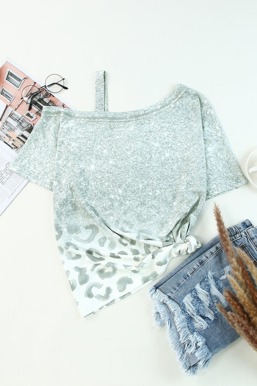 Leopard Asymmetrical Neck Cold-Shoulder Blouse - Carbone's Marketplace