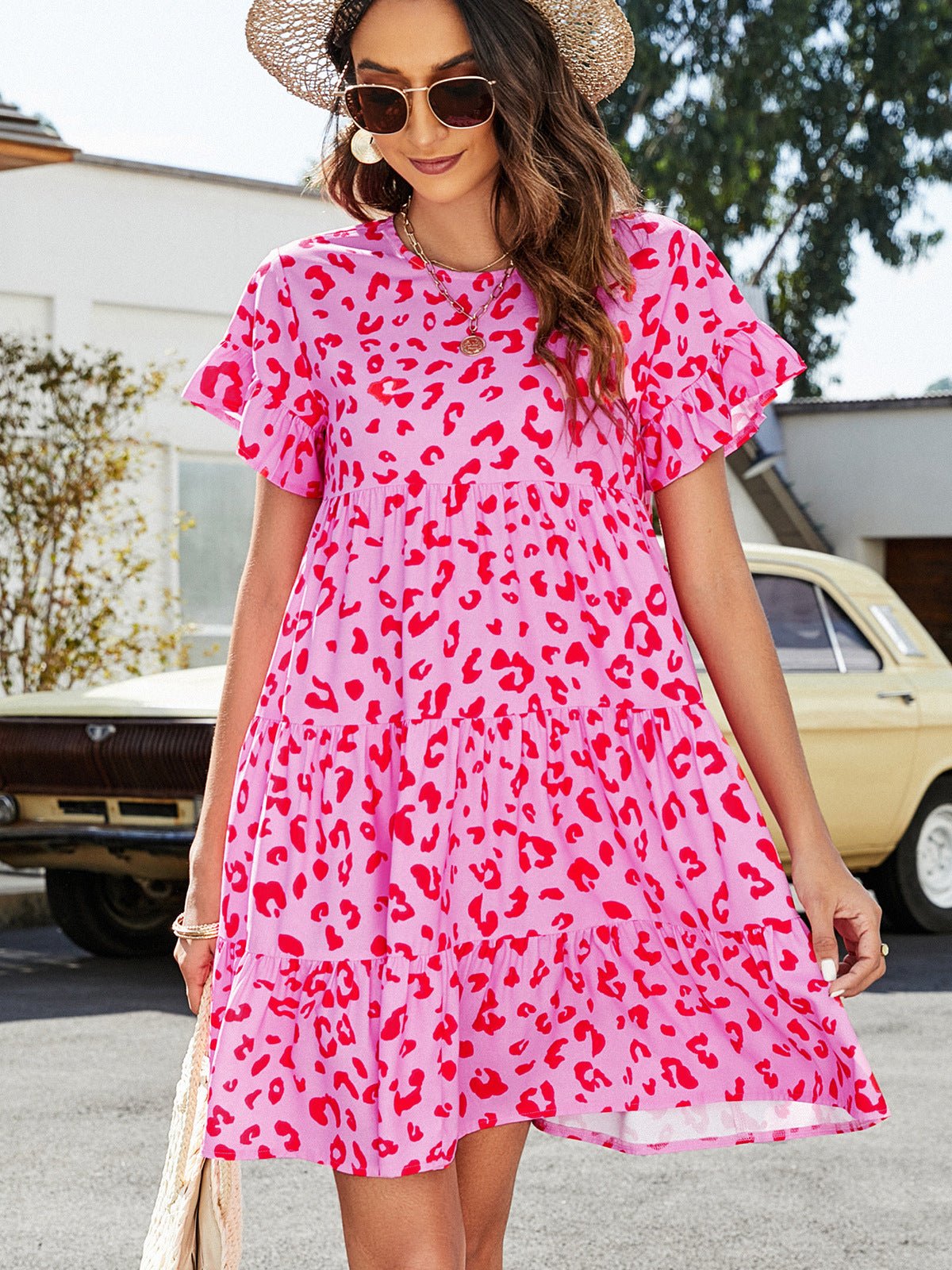Leopard Short Flounce Sleeve Tiered Dress - Carbone's Marketplace