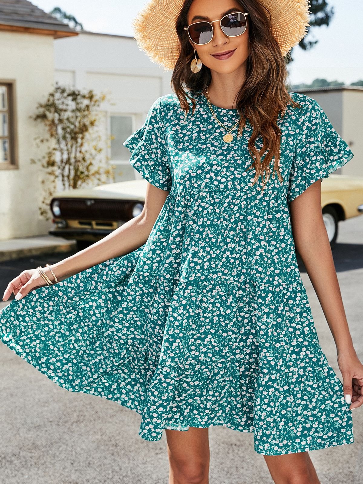 Leopard Short Flounce Sleeve Tiered Dress - Carbone's Marketplace