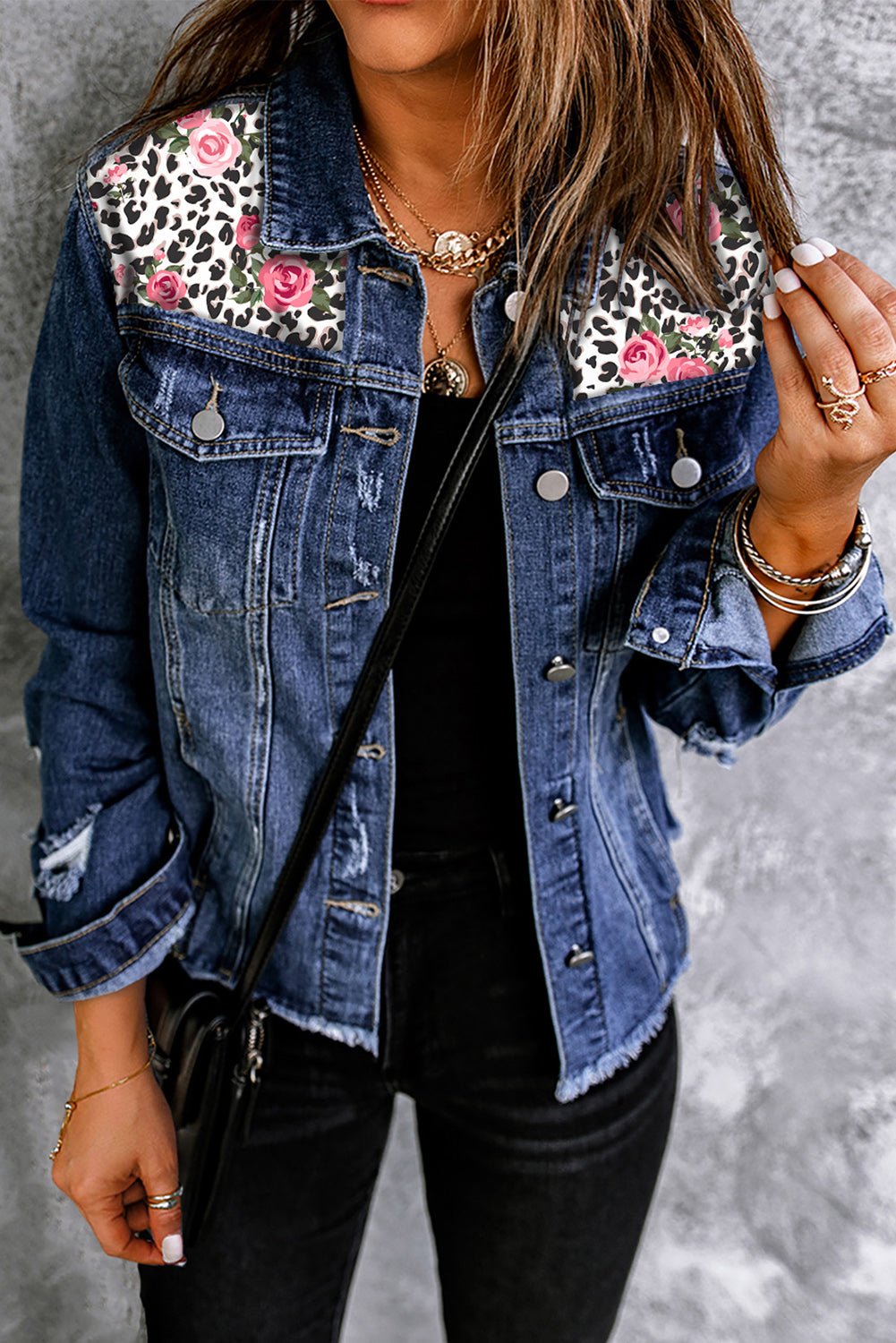 Mixed Print Distressed Button Front Denim Jacket- A Fashionable Statement Piece - Carbone's Marketplace