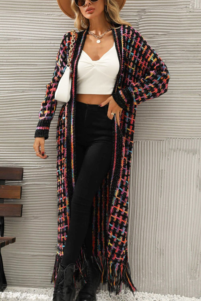 Multicolored Open Front Fringe Hem Cardigan - Carbone's Marketplace