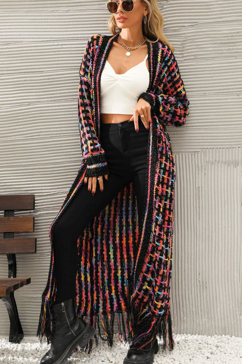 Multicolored Open Front Fringe Hem Cardigan - Carbone's Marketplace