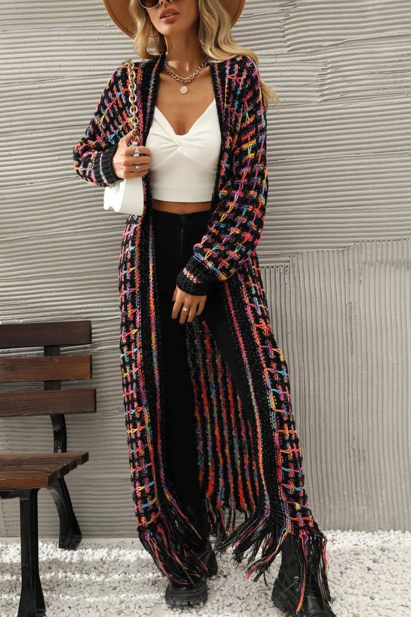 Multicolored Open Front Fringe Hem Cardigan - Carbone's Marketplace