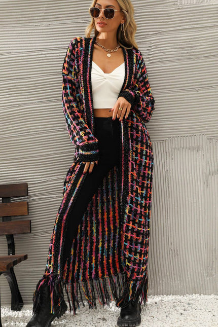 Multicolored Open Front Fringe Hem Cardigan - Carbone's Marketplace