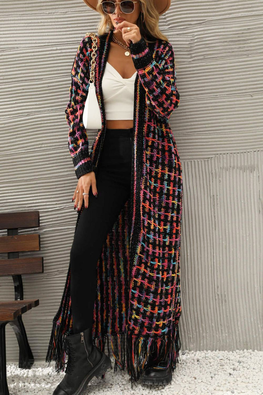 Multicolored Open Front Fringe Hem Cardigan - Carbone's Marketplace