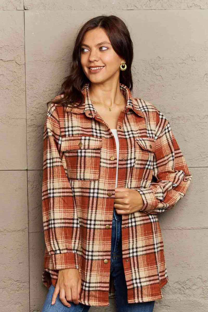 Ninexis Full Size Plaid Collared Neck Button-Down Long Sleeve Jacket - Carbone&