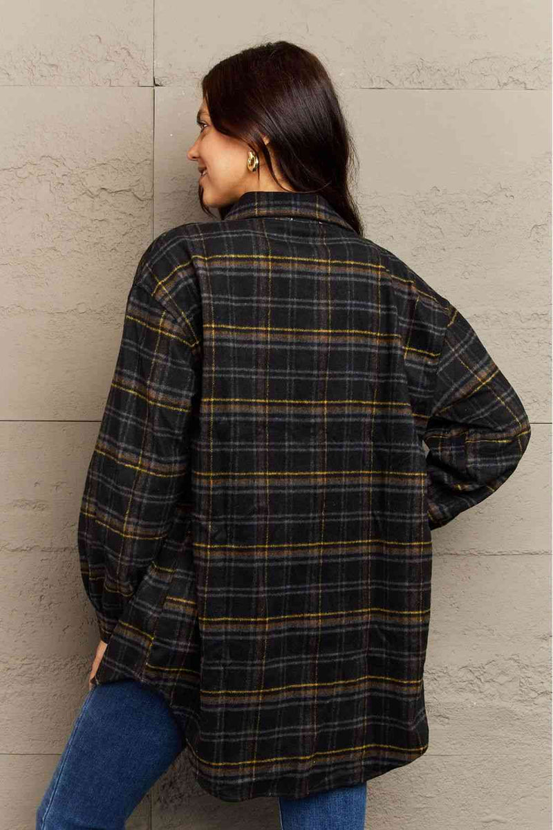 Ninexis Full Size Plaid Collared Neck Button-Down Long Sleeve Jacket - Carbone&
