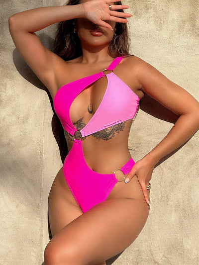 One-Shoulder Cutout Ring Detail One-Piece Swimsuit - Carbone's Marketplace