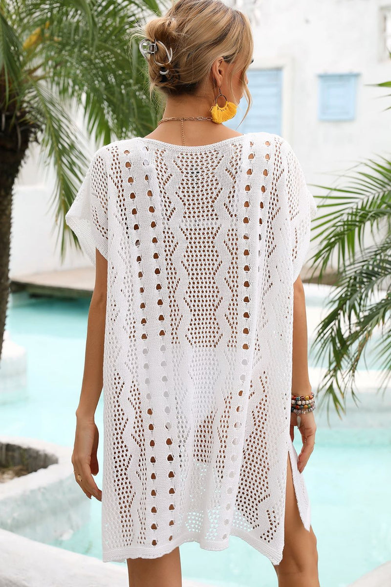 Openwork Plunge Dolman Sleeve Cover-Up Dress - Carbone&