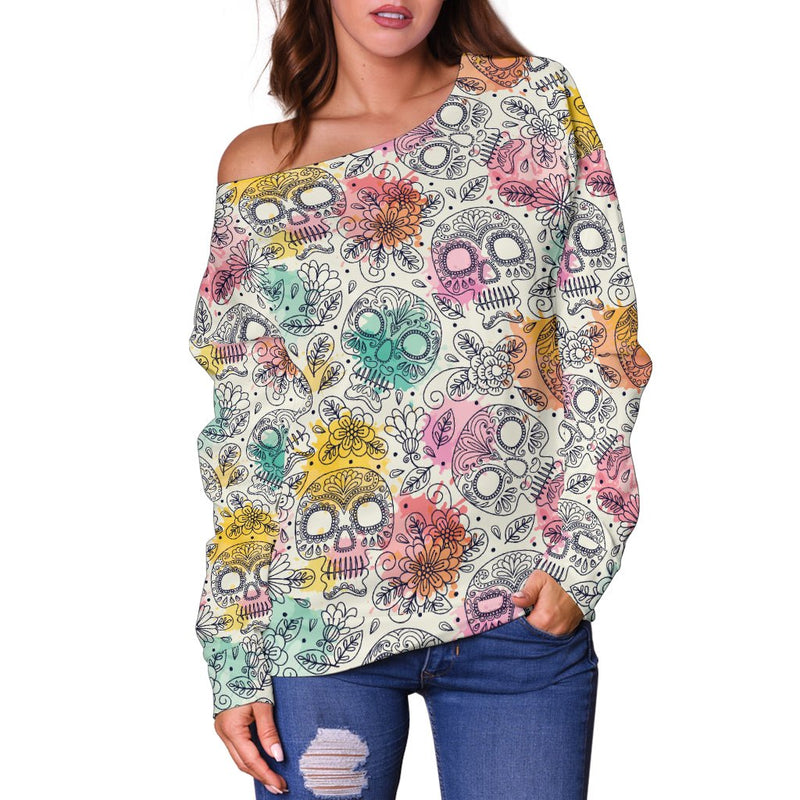 Pastel Skull Off Shoulder Hoodie - Carbone&