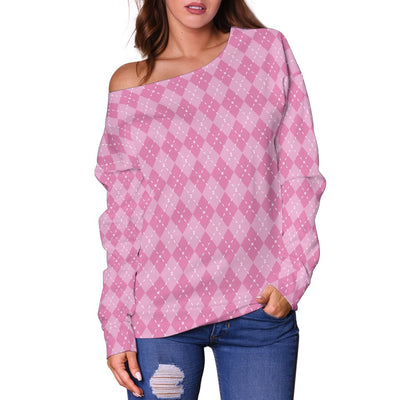 Pink Argyle Women's Off Shoulder Sweater - Carbone's Marketplace