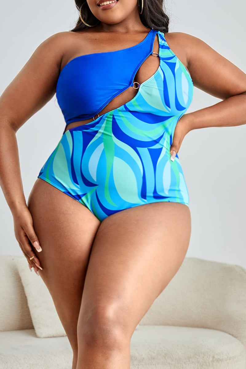 Plus Size Printed Ring Detail One-Shoulder One-Piece Swimsuit - Carbone&