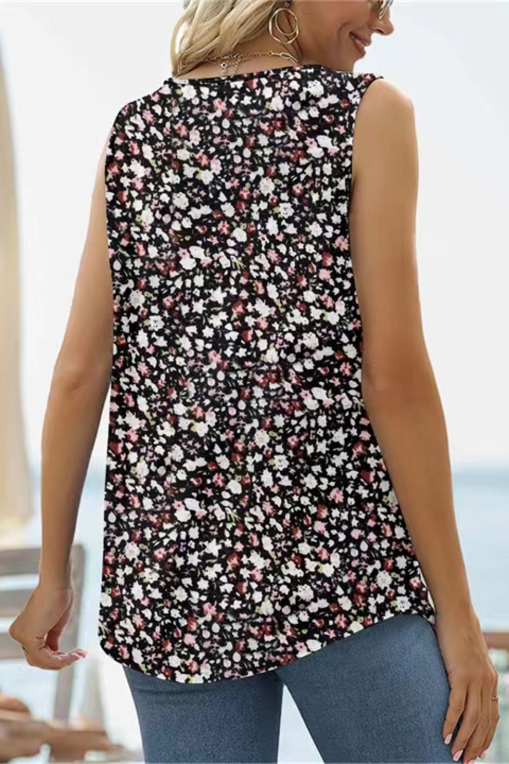 Printed Square Neck Curved Hem Tank - Carbone's Marketplace