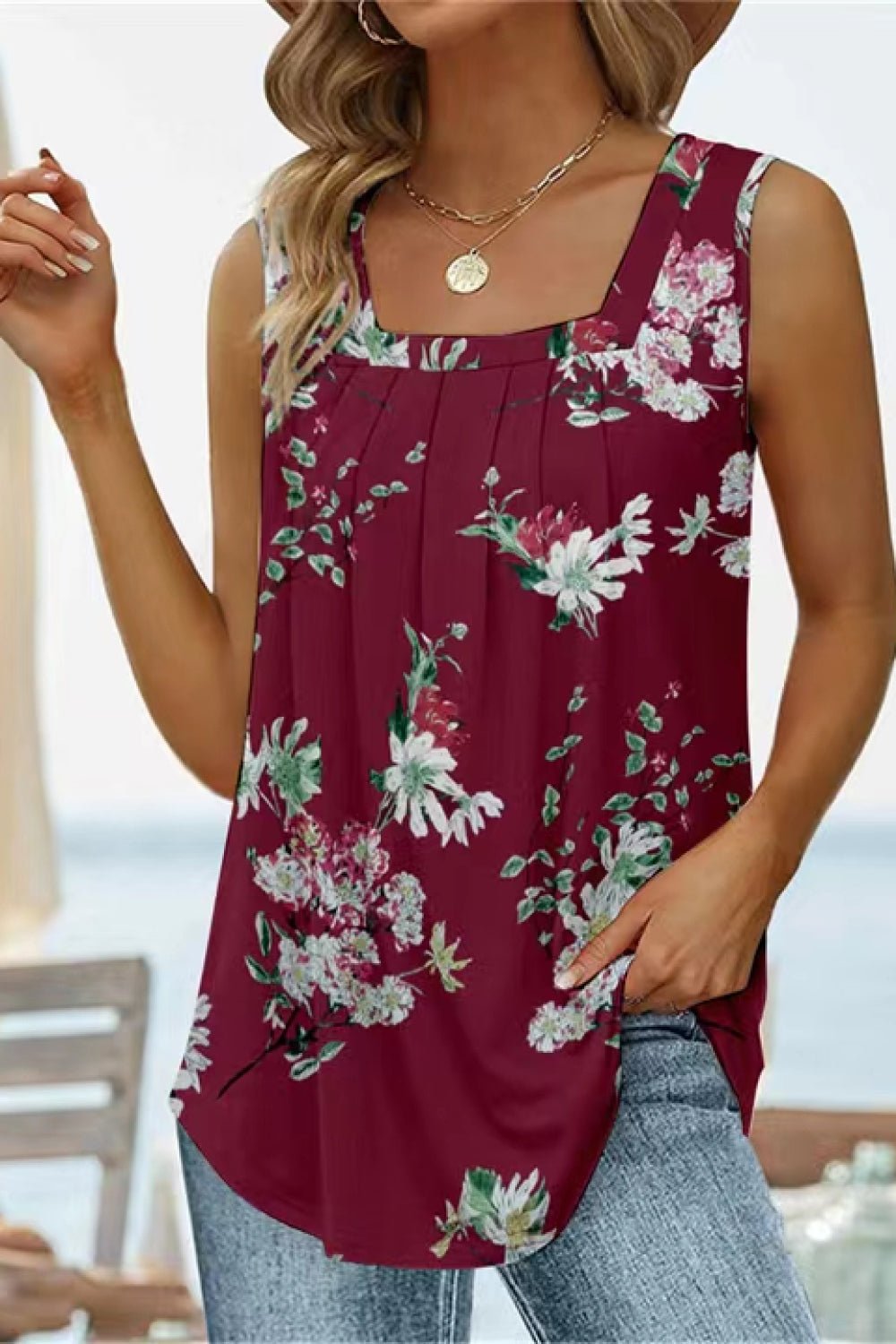 Printed Square Neck Curved Hem Tank - Carbone's Marketplace