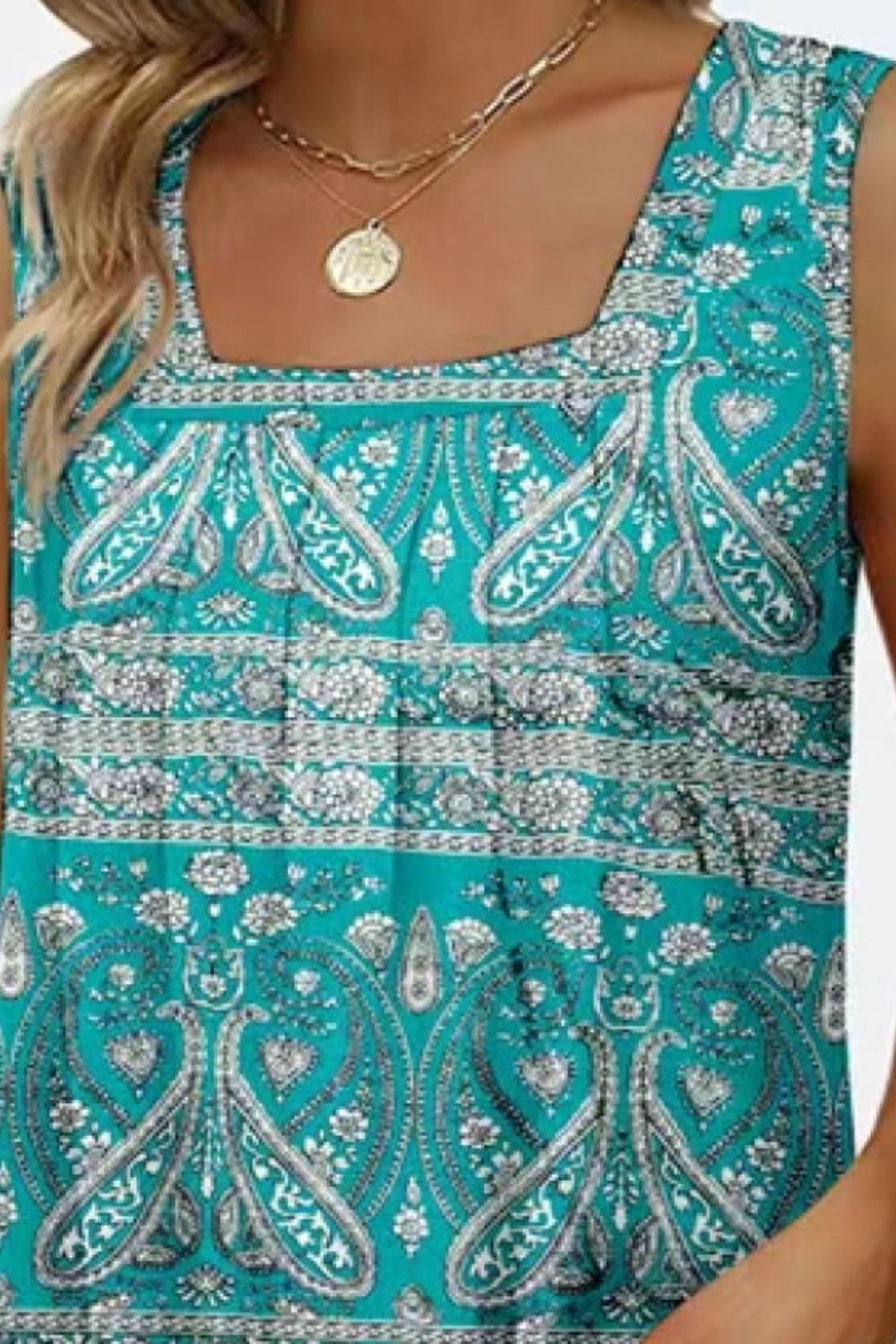 Printed Square Neck Curved Hem Tank - Carbone's Marketplace