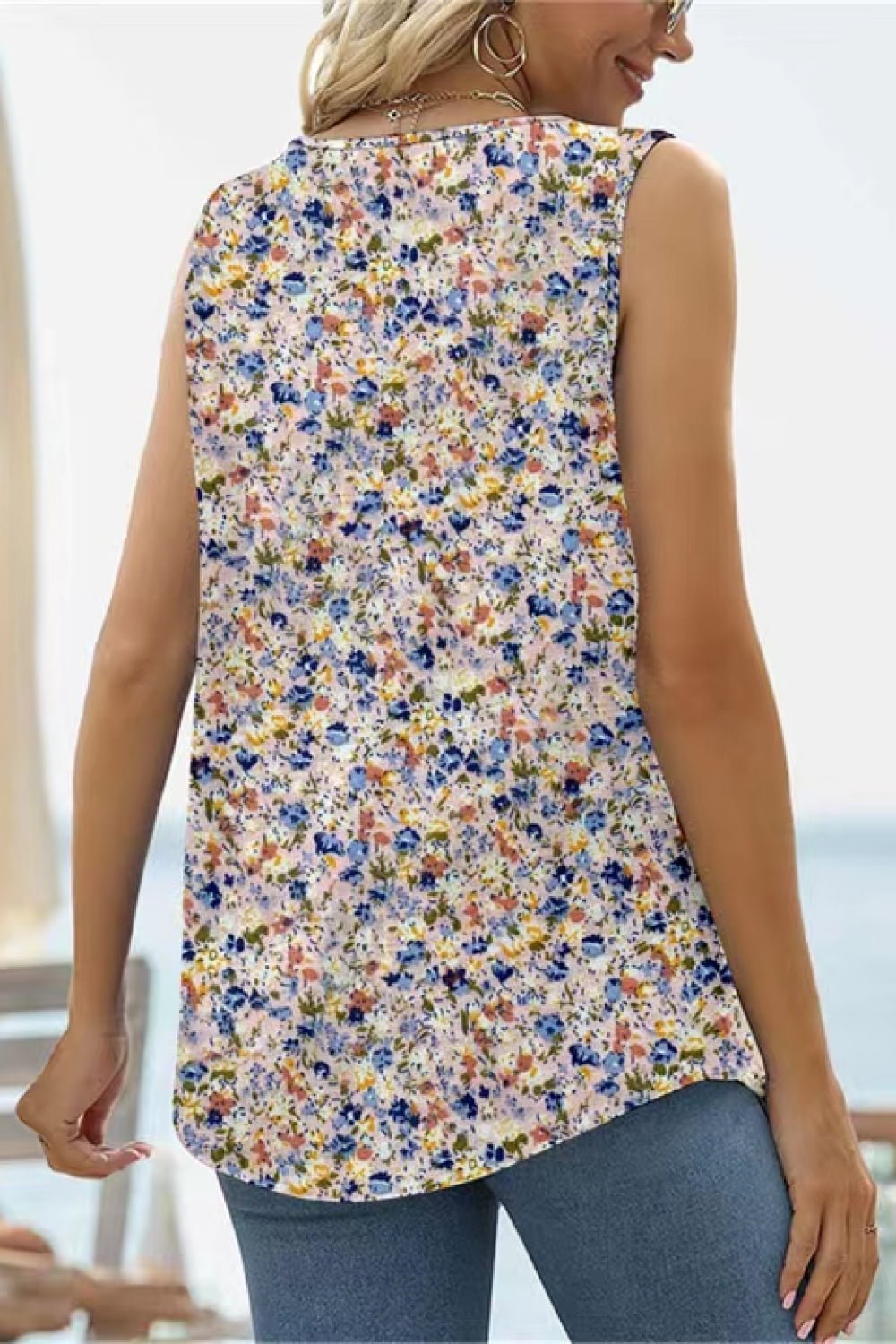 Printed Square Neck Curved Hem Tank - Carbone's Marketplace