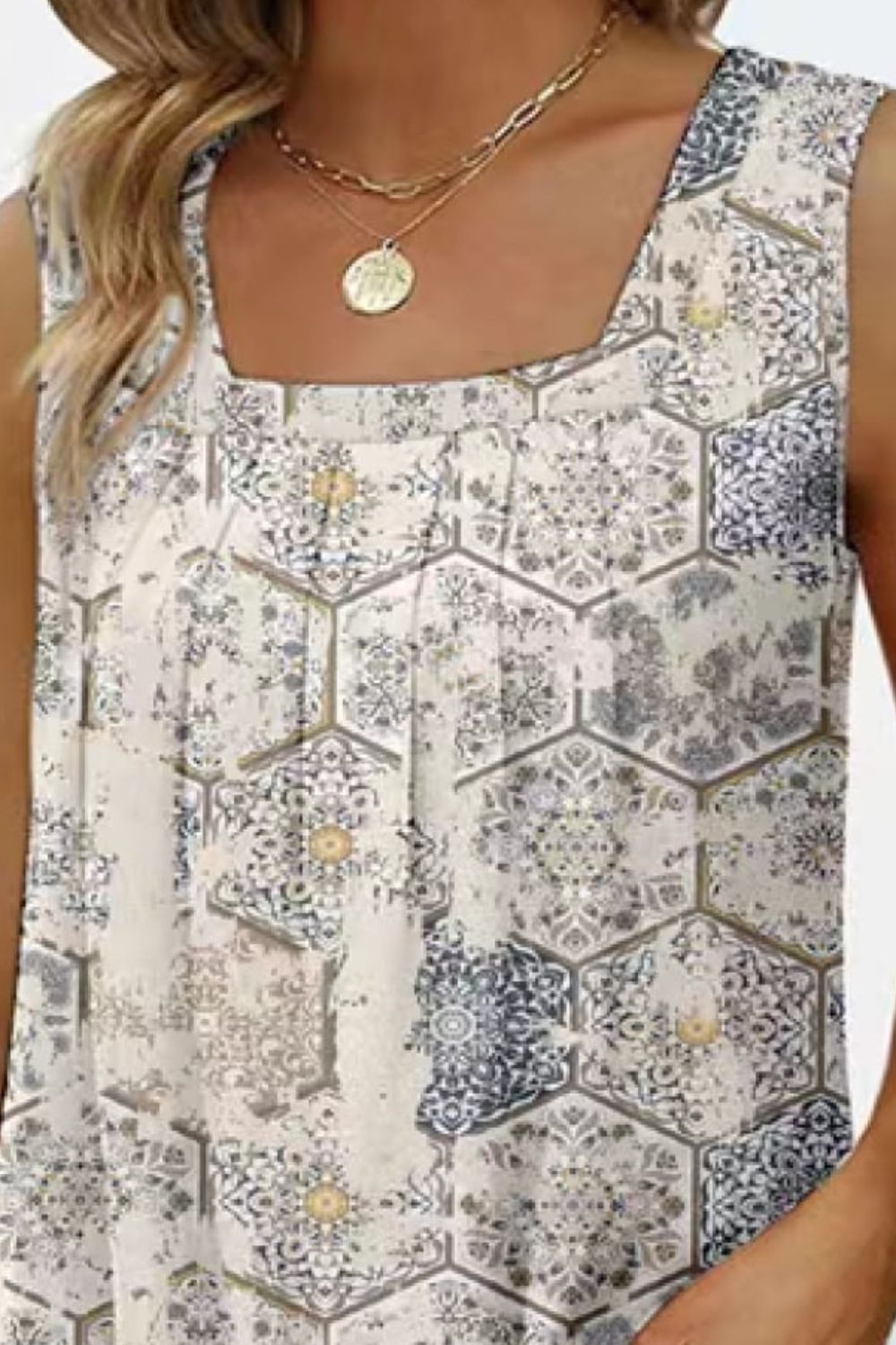 Printed Square Neck Curved Hem Tank - Carbone's Marketplace