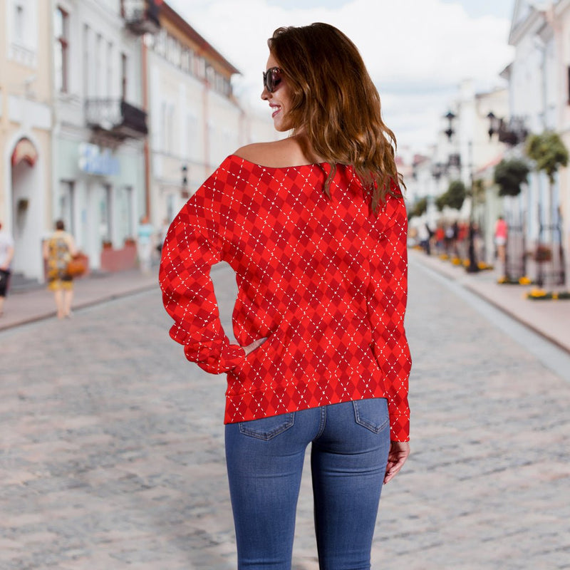 Red Argyle Womens Off Shoulder Sweater - Carbone&