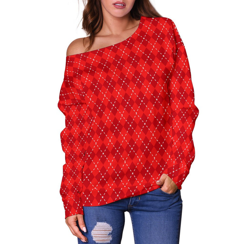 Red Argyle Womens Off Shoulder Sweater - Carbone&