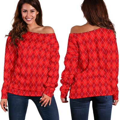 Red Argyle Womens Off Shoulder Sweater - Carbone's Marketplace