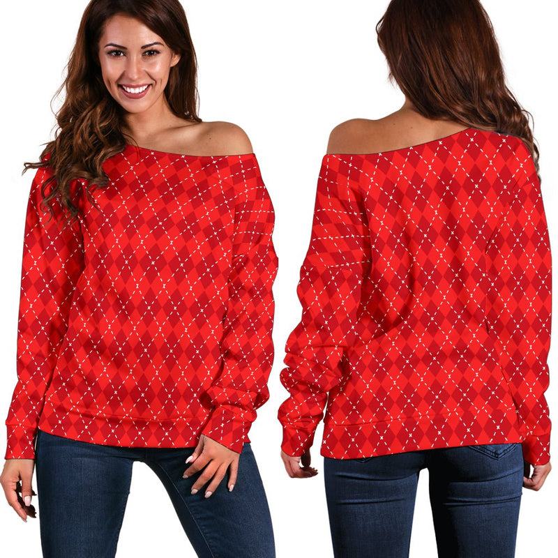 Red Argyle Womens Off Shoulder Sweater - Carbone&