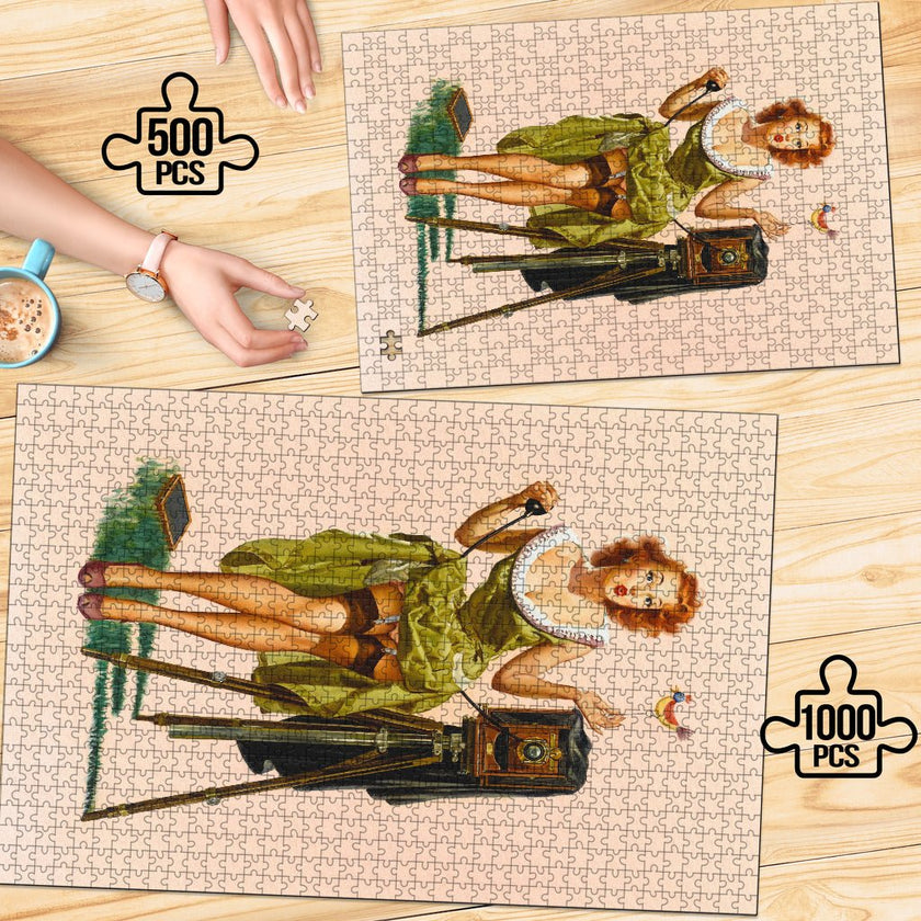 Retro Girl Green Dress Jigsaw Puzzle - Carbone's Marketplace