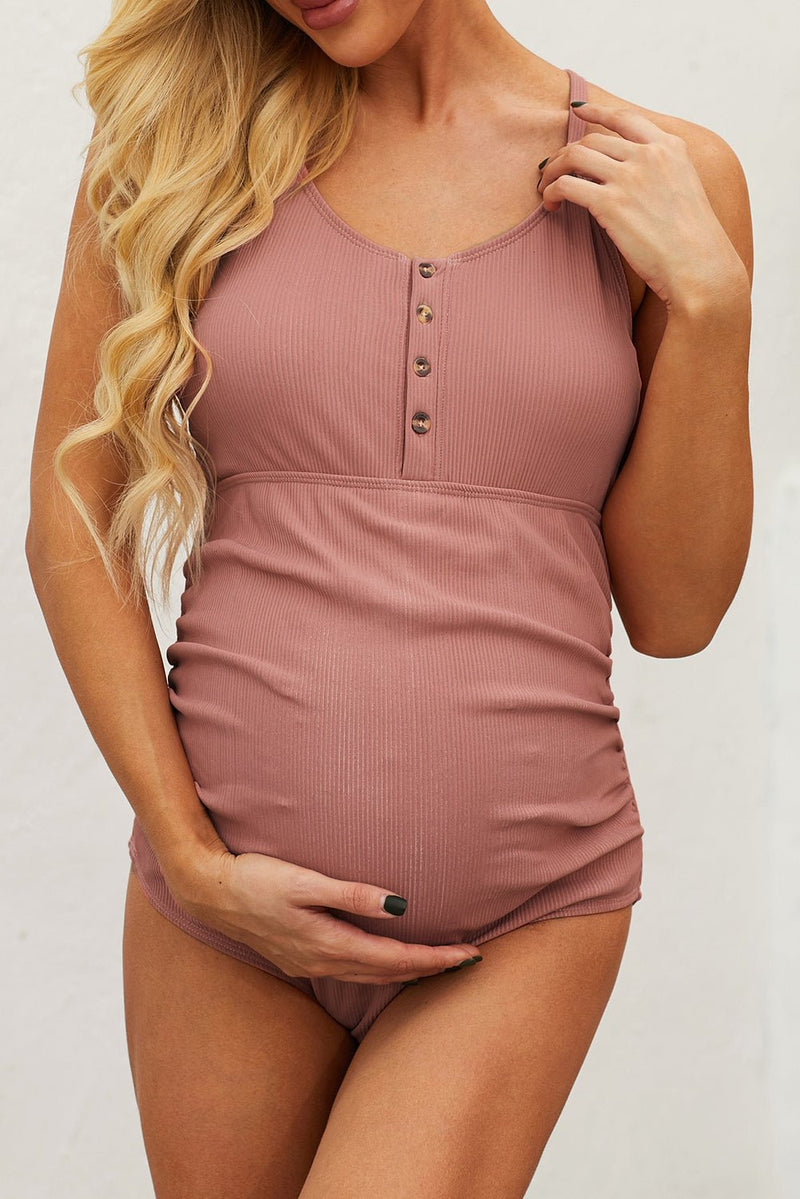 Ribbed Spaghetti Strap One-Piece Maternity Swimsuit - Carbone&