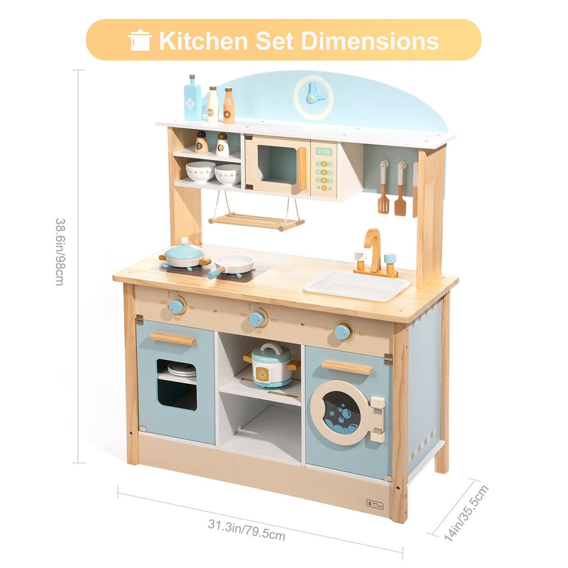 Robud Pretend Play Wooden Kitchen Set for Kids Microwave Oven Clock Towel Rack - Carbone&