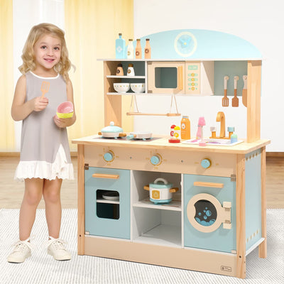 Robud Pretend Play Wooden Kitchen Set for Kids Microwave Oven Clock Towel Rack - Carbone's Marketplace