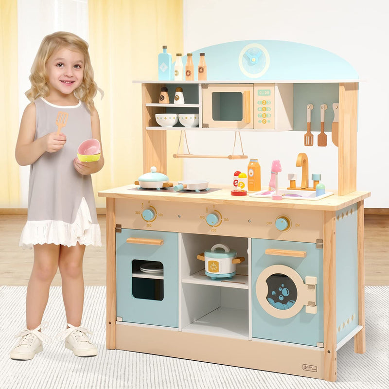 Robud Pretend Play Wooden Kitchen Set for Kids Microwave Oven Clock Towel Rack - Carbone&