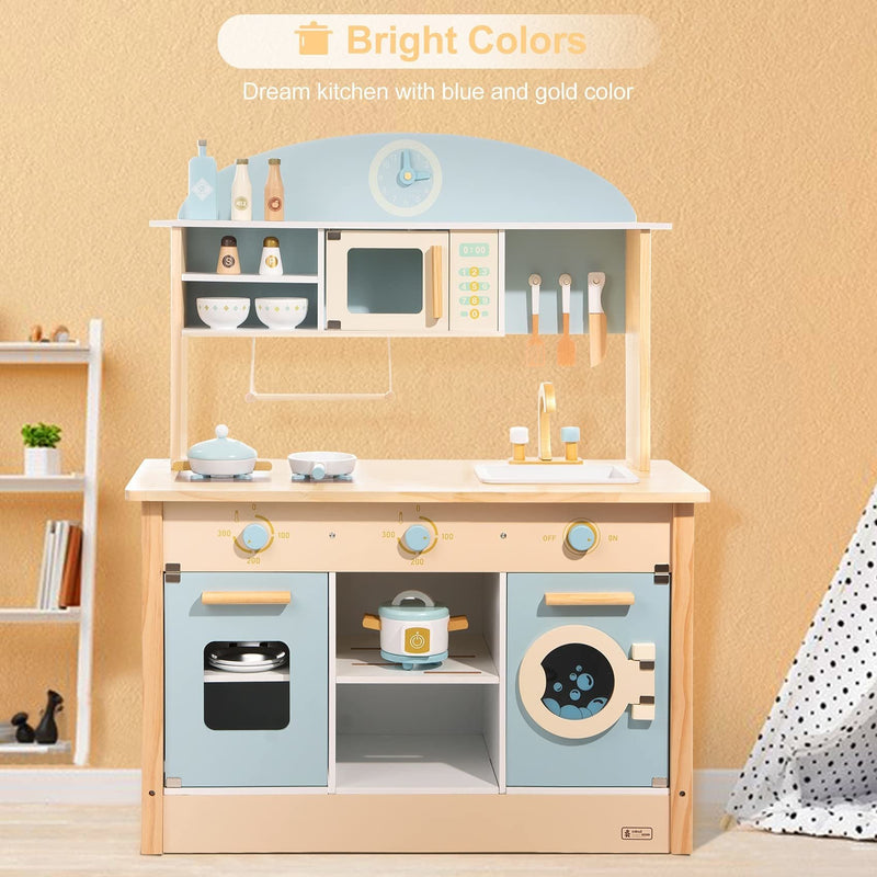 Robud Pretend Play Wooden Kitchen Set for Kids Microwave Oven Clock Towel Rack - Carbone&